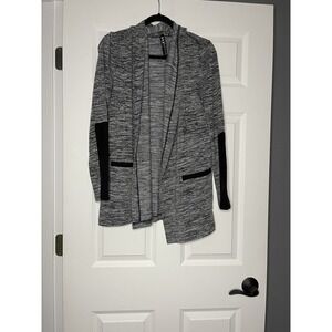 Marc new york Open Front cardigan Sweater Gray Black Elbow Patches Trim small